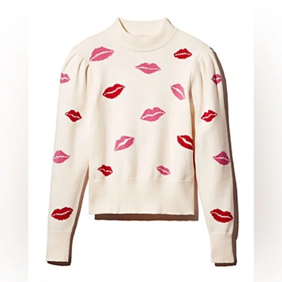 Kate Spade Lips Mockneck Sweater XL White/Pink/Red - Picture 2 of 9